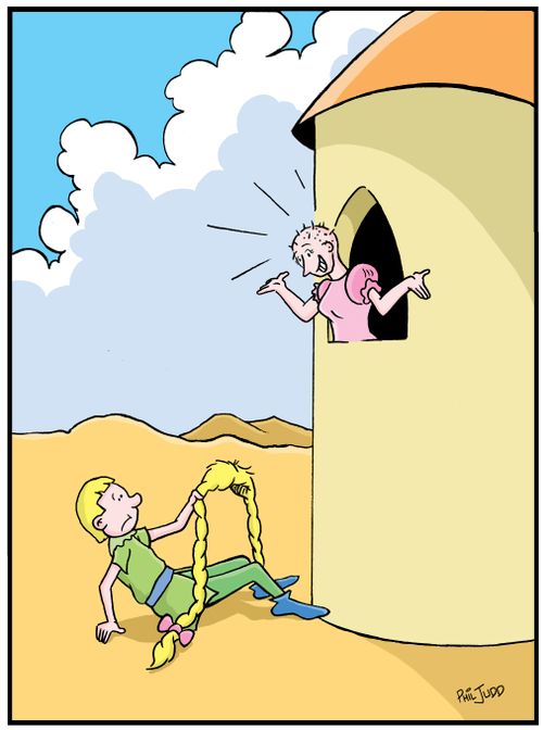 Prince trying to climb to Rapunzel. Has a wig in his hands.