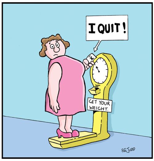 Fat lady standing on a weighing machine. It's print out says 'I Quit!'.