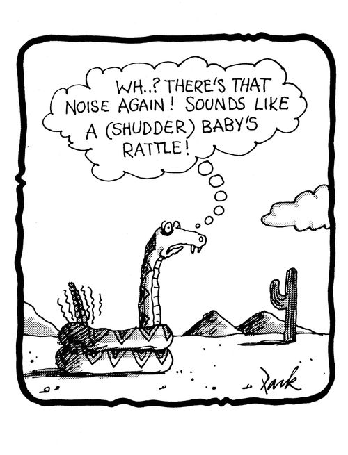 'Wh? There's that noise again. Sounds like a (shudder) baby's rattle!'