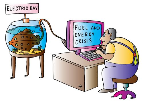 Fuel and Energy Crisis: Electric Ray Powering Computer.