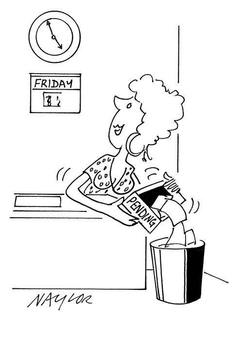 Woman emptying 'pending' work into bin as 5pm approaches on Friday.