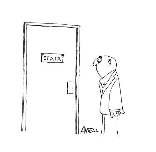 A man is staring at a sign that says, 'Stair.'