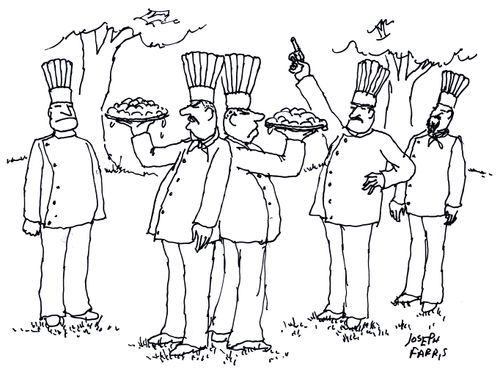 Chefs about to duel with custard pies