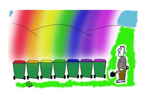 Man finds end of the Rainbow is a selection of coloured wheelie bins