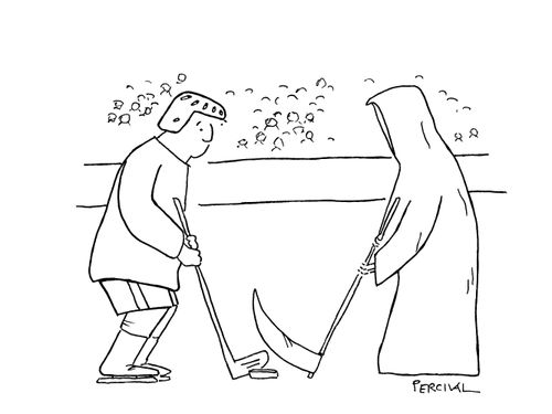 Ice hockey player confronts death.