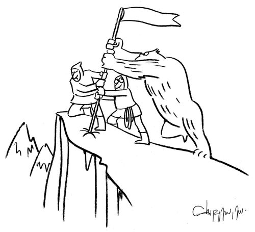 Yeti helping explorers erect a flag.