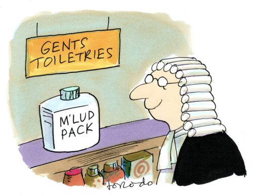 Judge looking at M'Lud Pack on shelf.