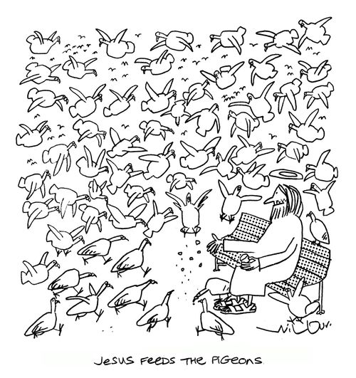 Jesus feeds the pigeons