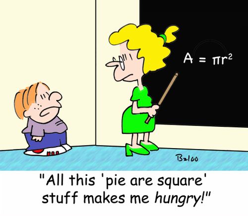 A=Pi r 2, 'All this stuff about 'pie are square' makes me HUNGRY!'