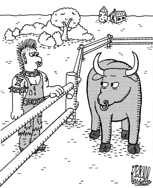 The punk rocker and bull are both noticing each others identical nose rings spontaneously.