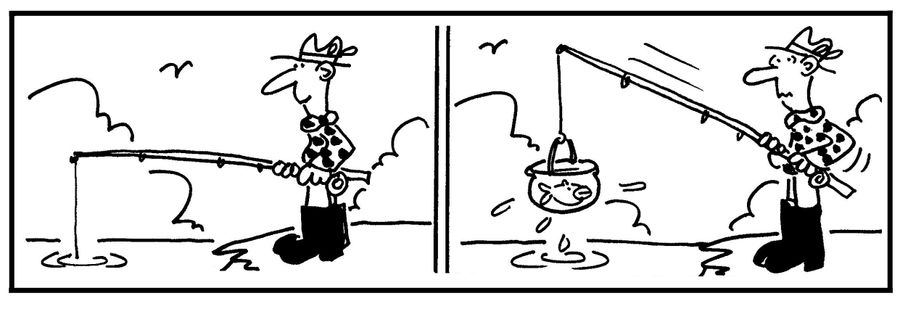 'Fisherman catches a fish in a fish bowl.'
