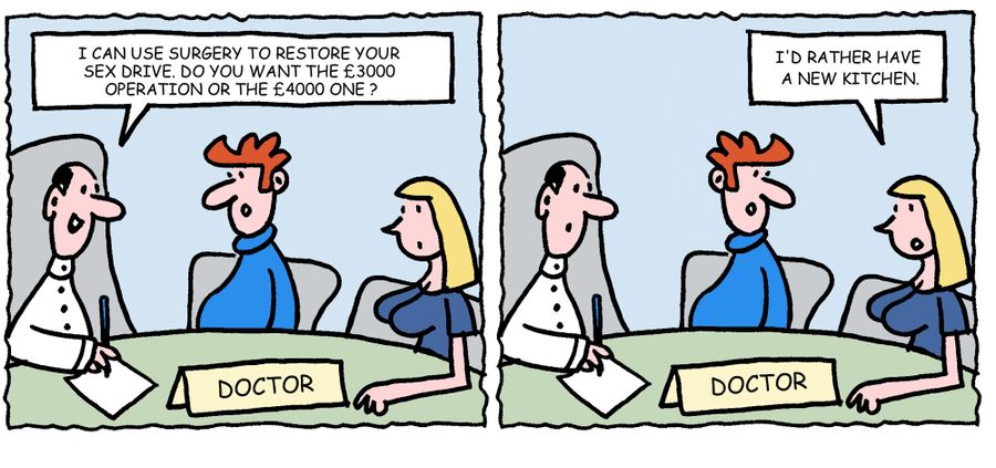 'I can use surgery to restore your sex drive. Do you want the £3000 operation or the £4000 one?' - 'I'd rather have a new kitchen.'
