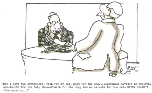 'May I have two containers - fish for my cat, meat for the dog...vegetables divided as follows, one-fourth for the cat, three-fourths for the dog, but no carrots for the cat - kitty doesn't like carrots...'          