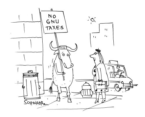 Bull with sign: 'No GNU taxes.'