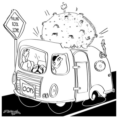 A meteorite falls on an vehicle in a 'Falling Rock Zone.'