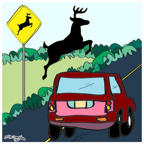 At a deer crossing sign a silhouette of a deer crosses in front of a car.
