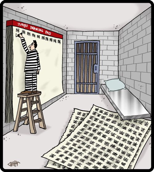 Prisoner tallies his days on a giant drawing pad.