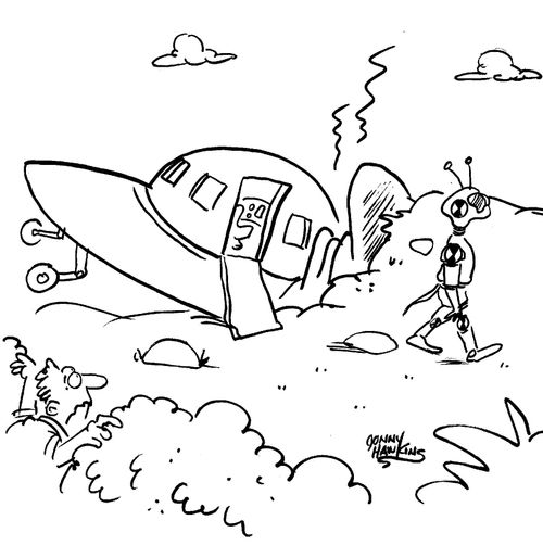 Alien crash test dummy emerges from downed UFO.