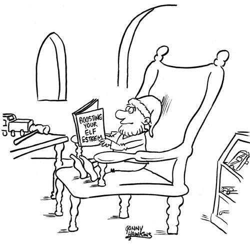 Santa's helper reading 'Boosting Your Elf Esteem'.