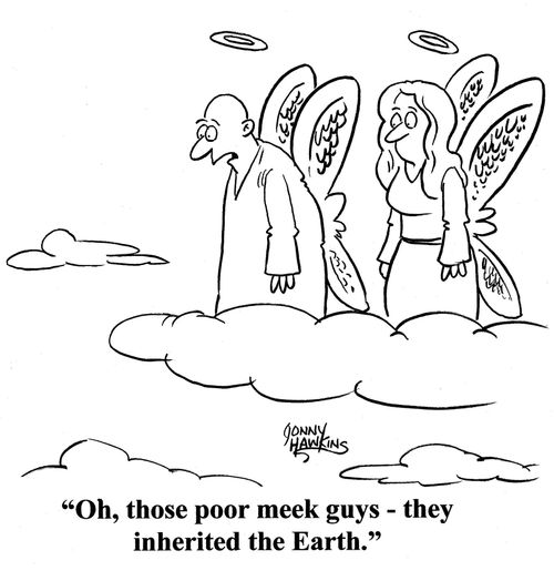 Angel looking down to other angel: 'Oh, those poor meek guys - they inherited the Earth.'