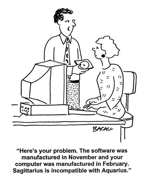 'Here's your problem. The software was manufactured in November and your computer was manufactured in February. Sagittarius is incompatible with Aquarius.'