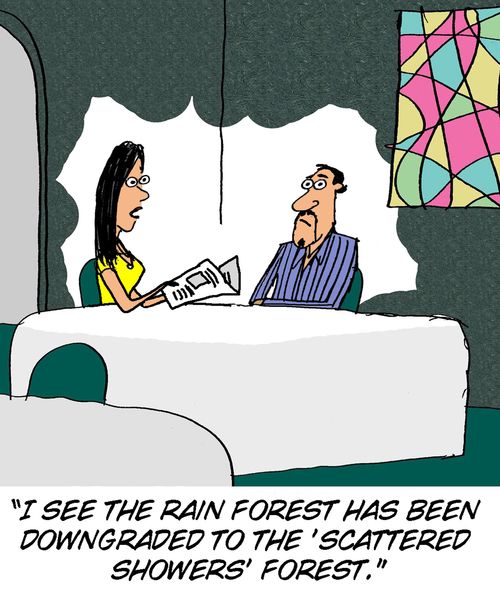 'I see the rain forest has been downgraded to the 'scattered showers' forest.'