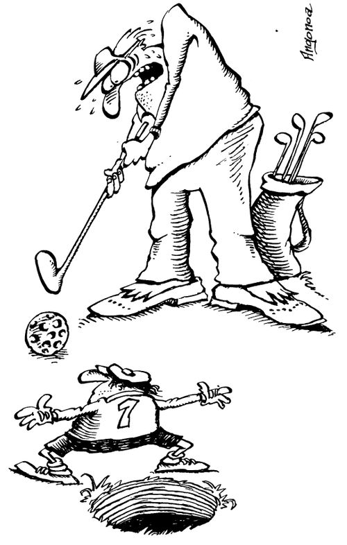 Golfer putting against goal keeper.