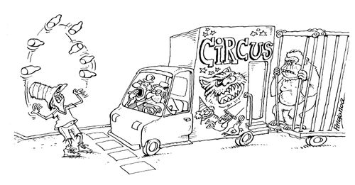 Juggler entertaining a circus troupe at traffic lights.