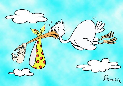 Baby swinging on the stork's beak.