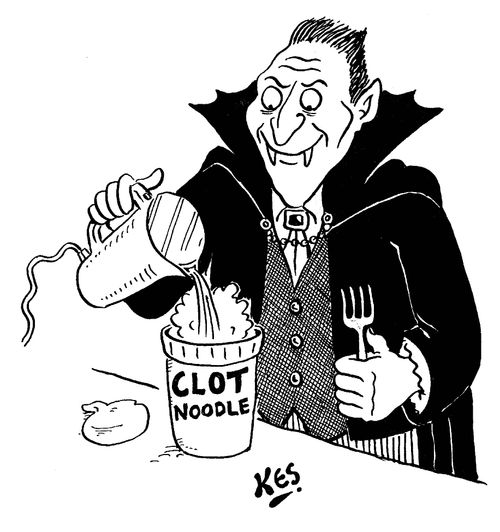 Vampire eating a 'Clot Noodle'.