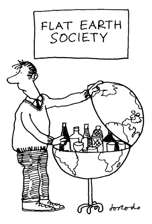 'Flat Earth Society' with a globe-shaped drinks cabinet.