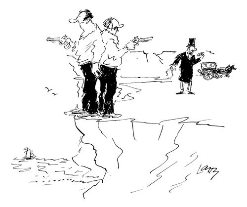 Two men taking part in a duel are too close to a cliff