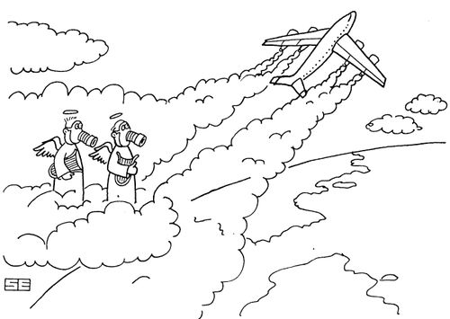 Angels wearing gas-masks as a plane goes by
