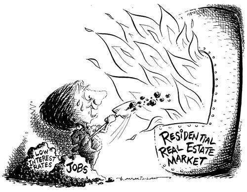 Person feeding hungry 'Residential real estate market' with 'Low interest rates' and 'Jobs'