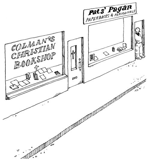 'Pat's Pagan paperbacks and periodicals' next to 'Coleman's Christian bookshop'