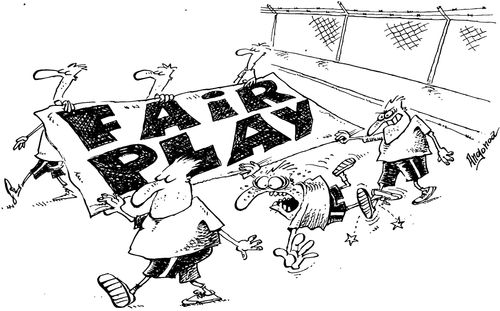 Footballer being triped up during fair play awards.