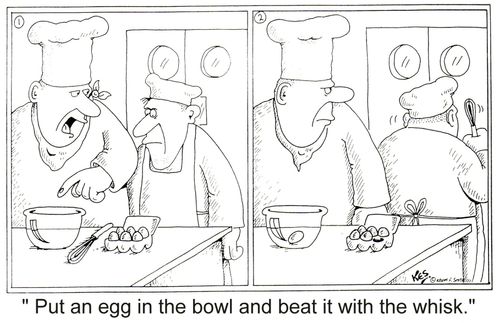 'Put an egg in the bowl and beat it with the whisk.'
