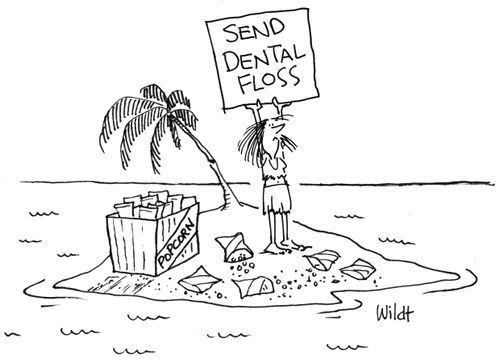 Castaway with popcorn holds up sign: 'SEND DENTAL FLOSS'.