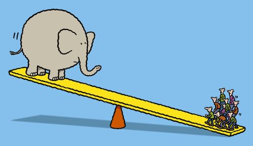Group of people lift elephant on seesaw