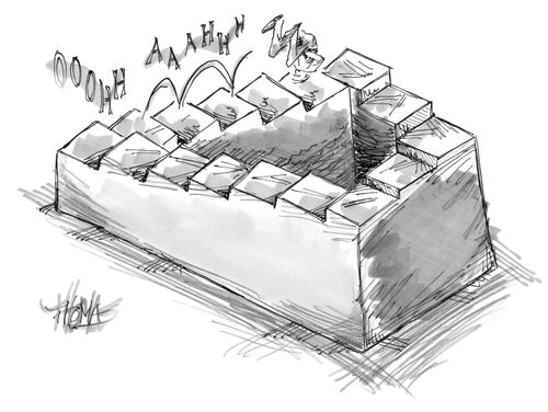 Man falling down neverending staircase.