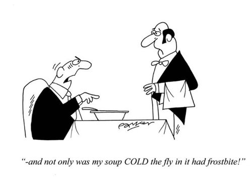 '-and not only was my soup COLD - but the fly in it had frostbite!'