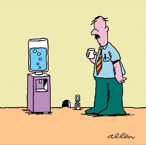 Man at cooler, notices mouse hole also with cooler.
