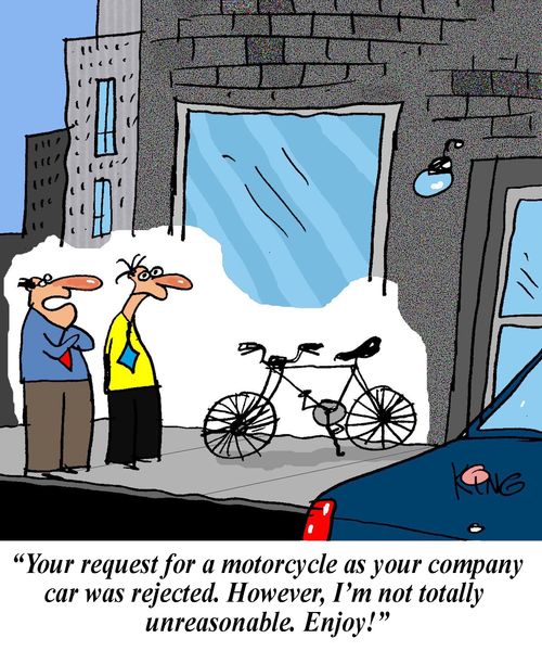 'Your request for a motorcycle as your company car was rejected. However, I'm not totally unreasonable. Enjoy!'