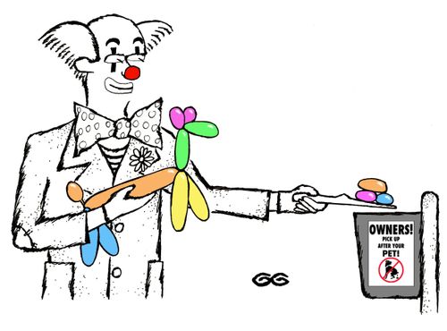 Clown cleaning up balloon dog mess.