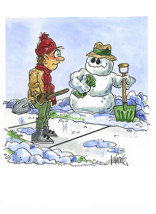 A snowman shovels a sidewalk before a man gets there.