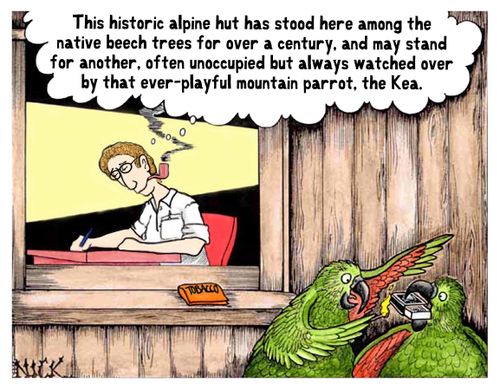 This historic alpine hut has stood here among the native beech trees for over a century, and may stand for another, often unoccupied by always watched over by that ever playful mountain parrot, the Kea.