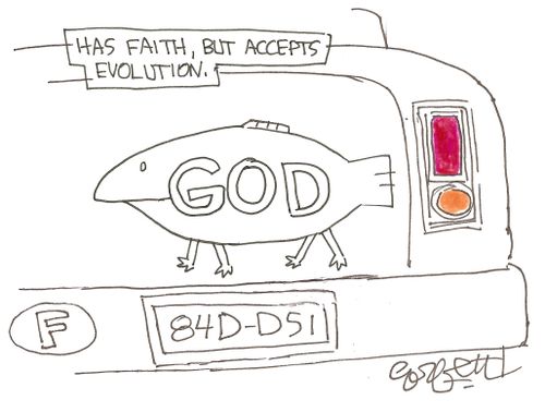 Has faith, but accepts evolution: ( GOD enclosed in walking fish).