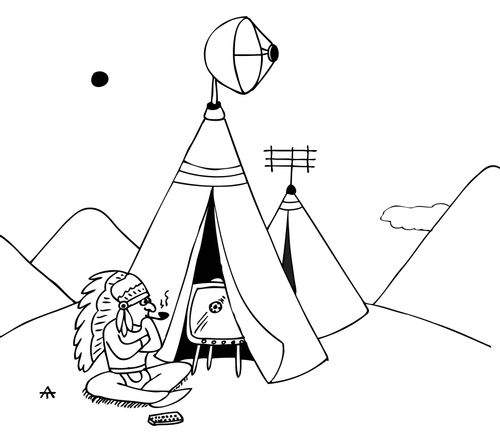 Native American Indian uses his tepee so he can get a good TV signal for the football.