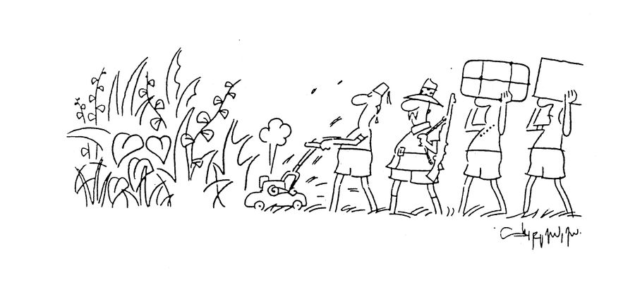 Group of explorers with a lawn mower.