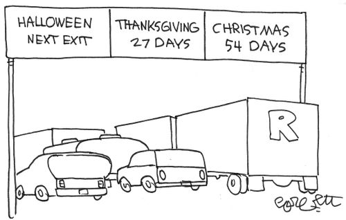 Road Sign: Halloween Next Exit, Thanksgiving 27 Days and Christmas 54 Days.